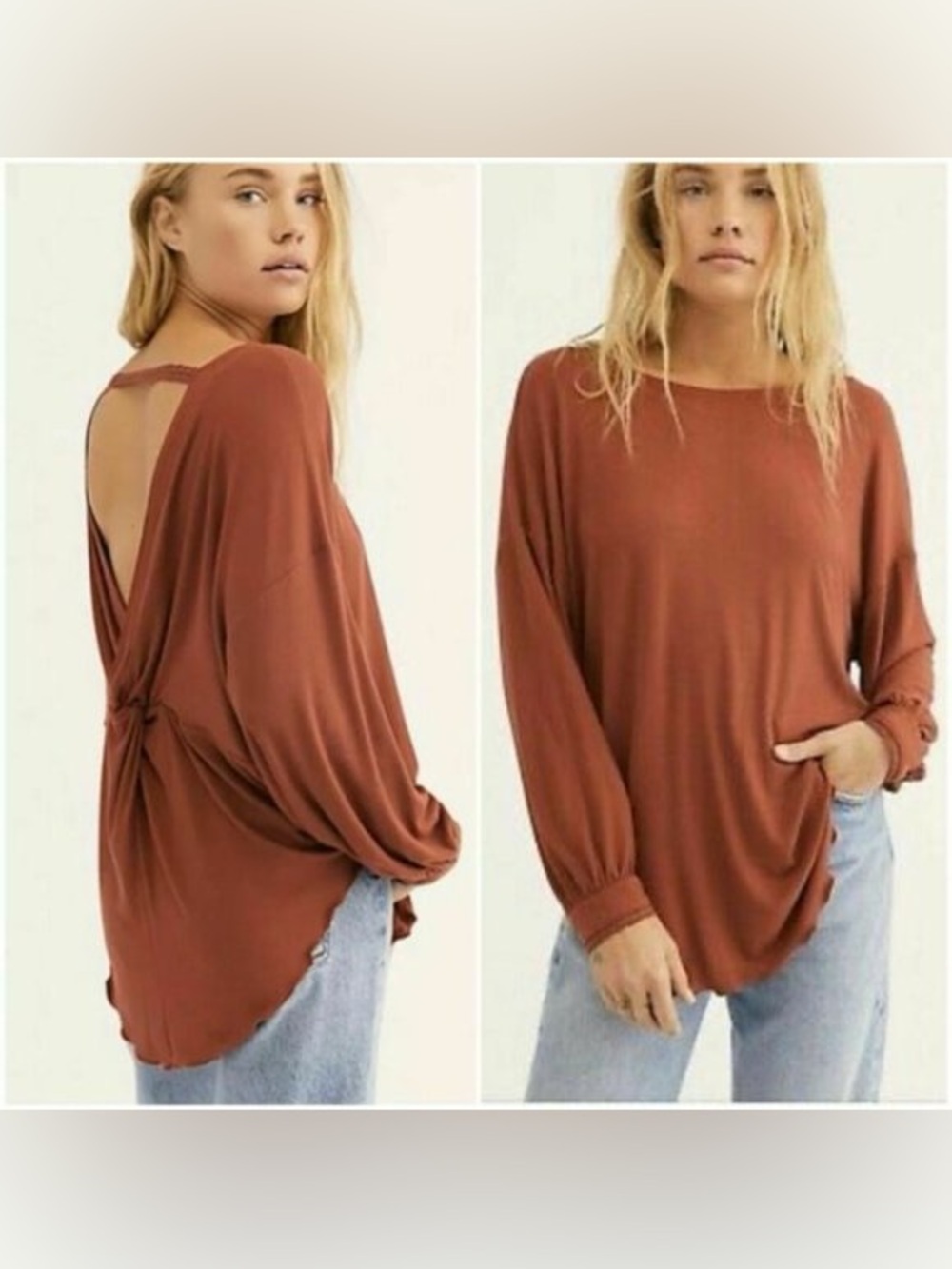 Free People Long Sleeve Burnt Orange Blouse Reversible Deep V Rust Boho